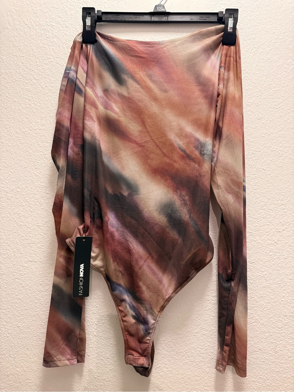 Fashion Nova  Long Sleeve Tie-Dye Bodysuit - Rust, Cream, Blue & Pink